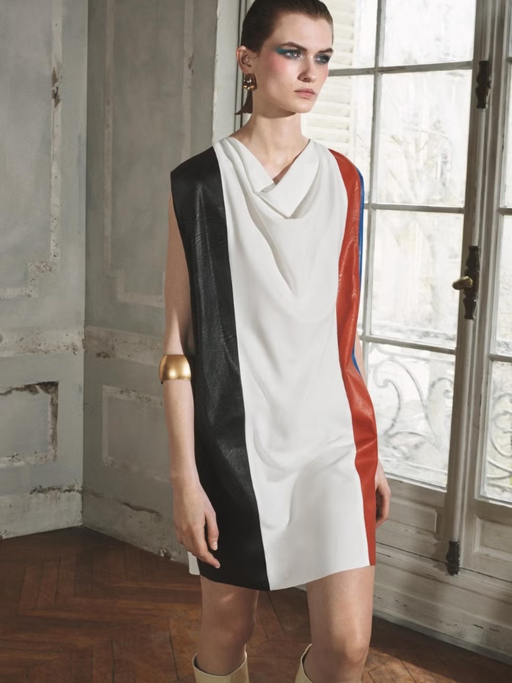 Zara Draped Colorblock Shift Dress in White, Black, Teal & Rust